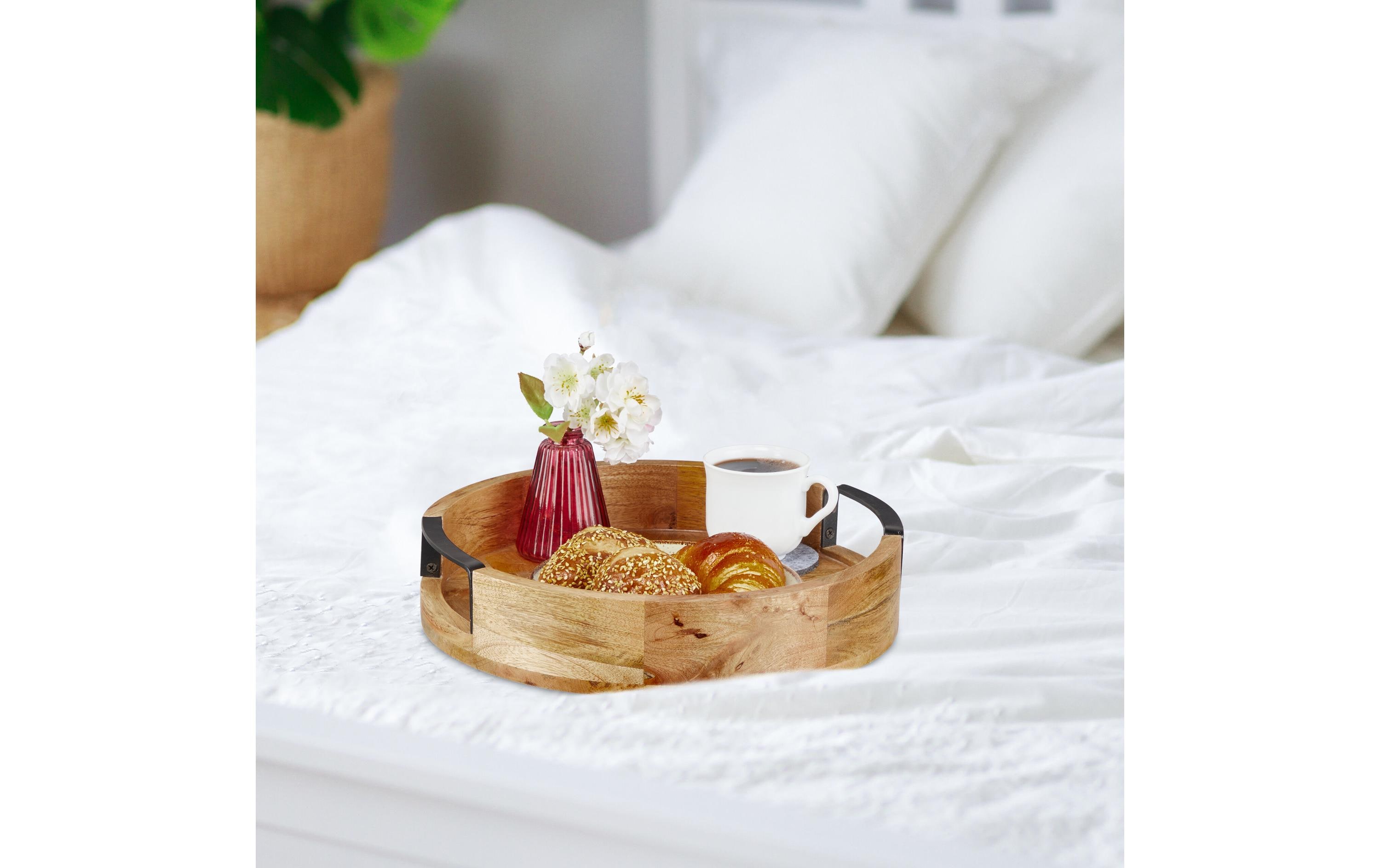 relaxdays Serviertablett Mangoholz Natur, Schwarz, 35 cm