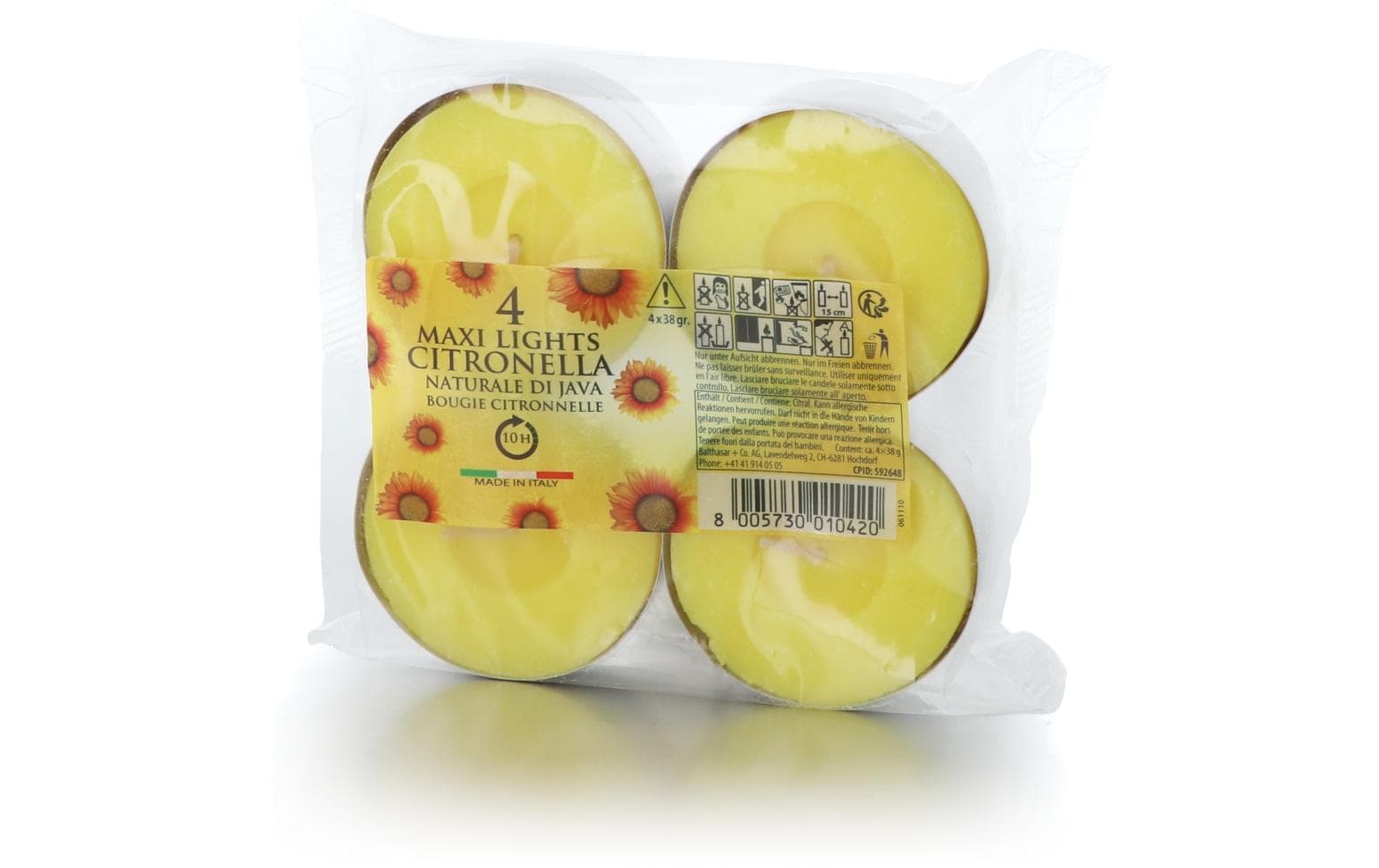 balthasar Outdoor Teelichter Citronella Maxi 4 Stück, Gelb