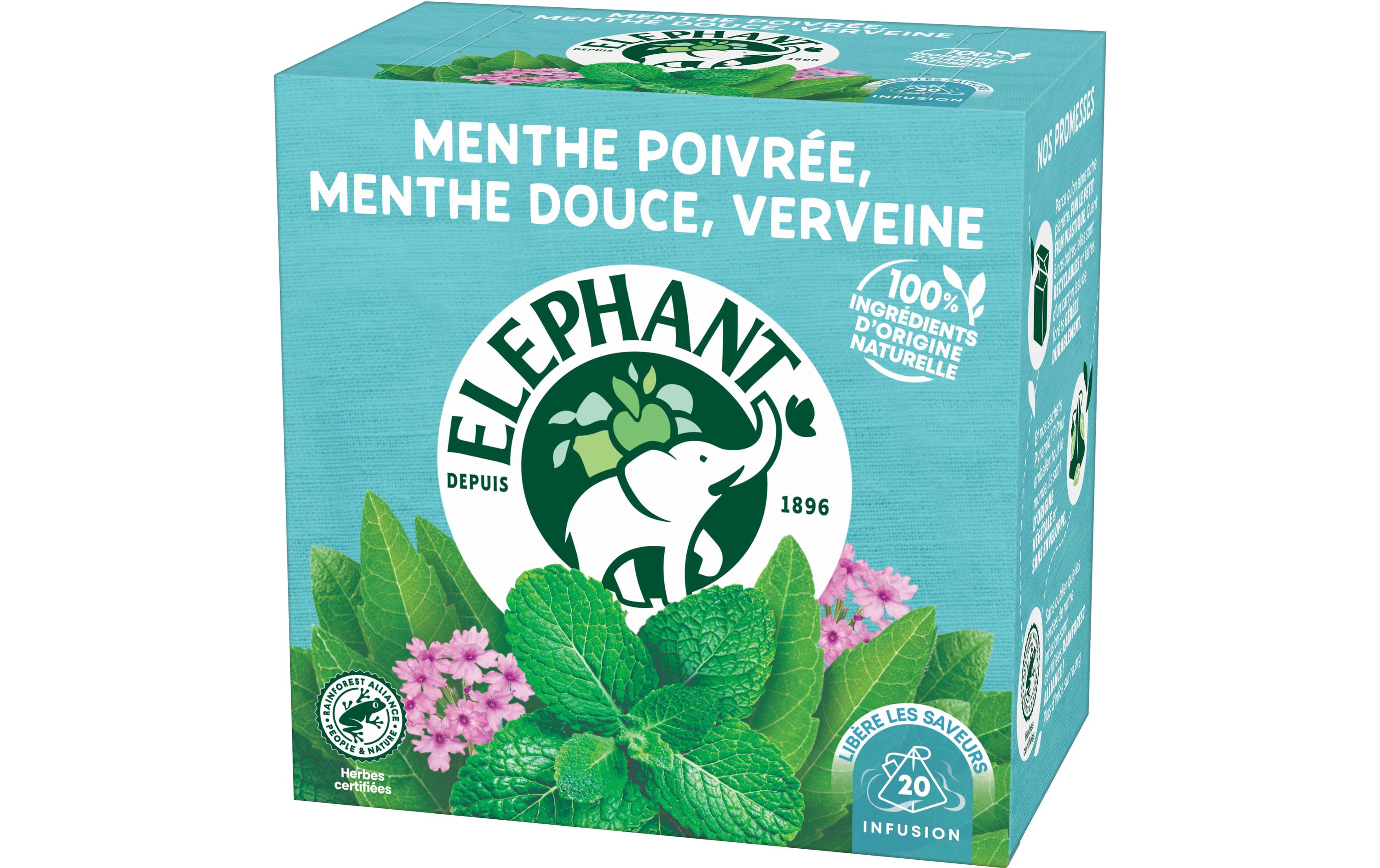 Eléphant Teebeutel Menthe Poivrée, Mente Douce, Verveine 20 Stück