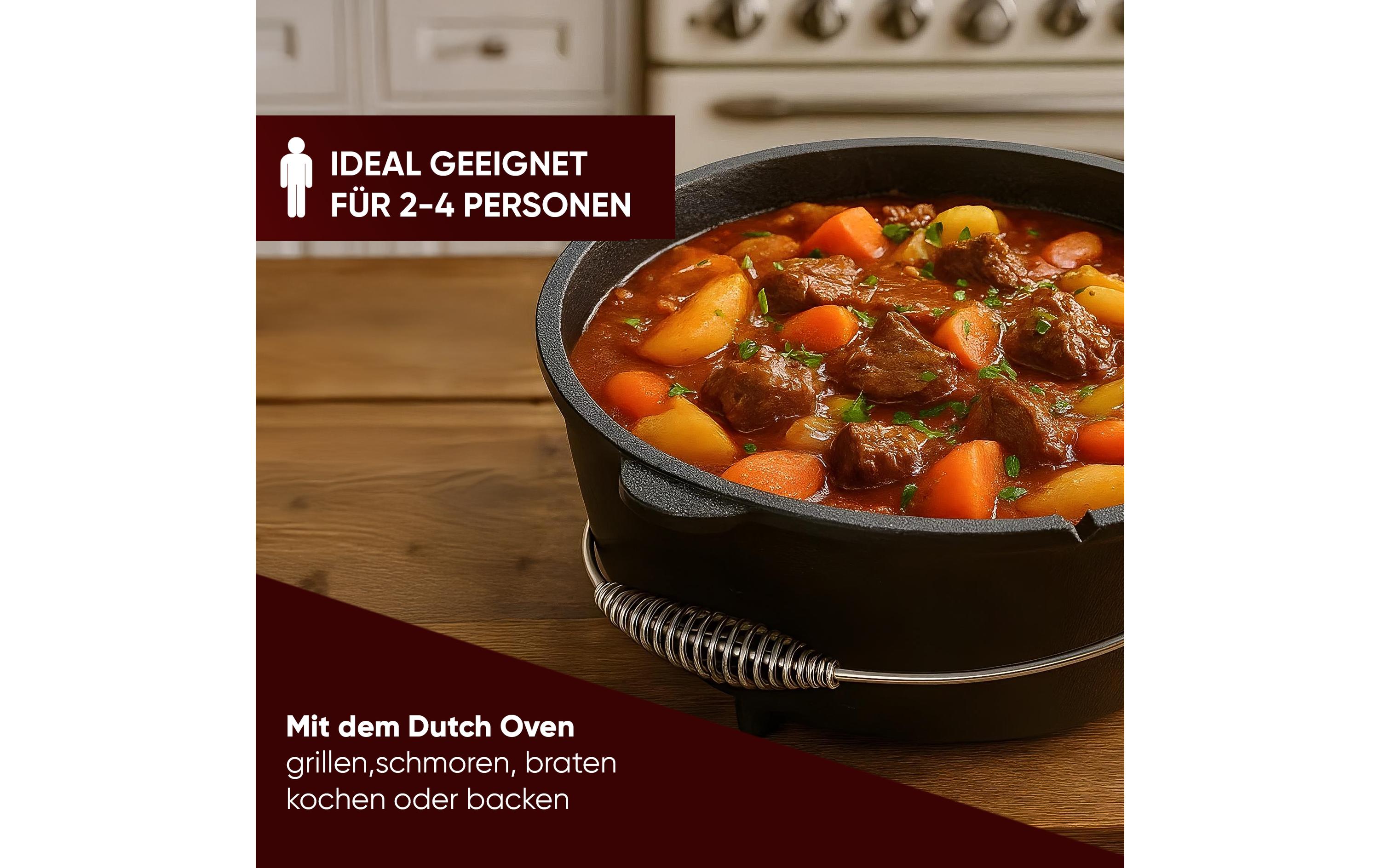 Gusskoenig Dutch Oven Set 4,5 l mit 2in1 Deckelheber mit Füssen