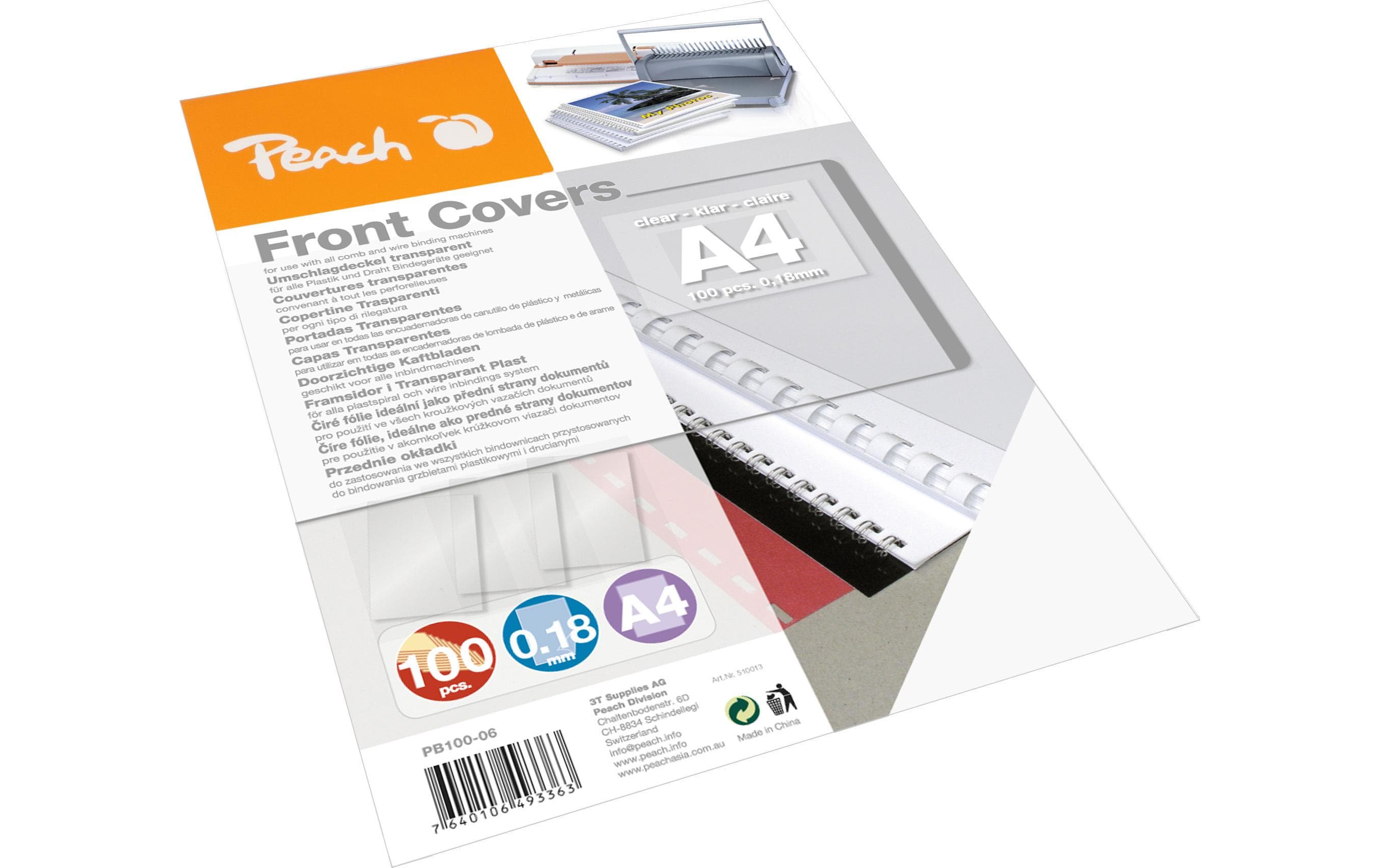 Peach Einbanddeckel A4, 0.18 mm, 100 Stück, Glatt, Transparent