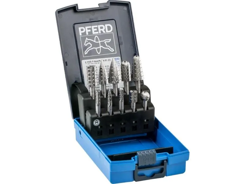 Pferd HSS-Frässtifte-Set 81, 10-tlg. Zahnung 3 Schaft-Ø 6 mm Pferd HSS-Frässtifte-Set 81, 10-tlg. Zahnung 3 Schaft-Ø 6 mm