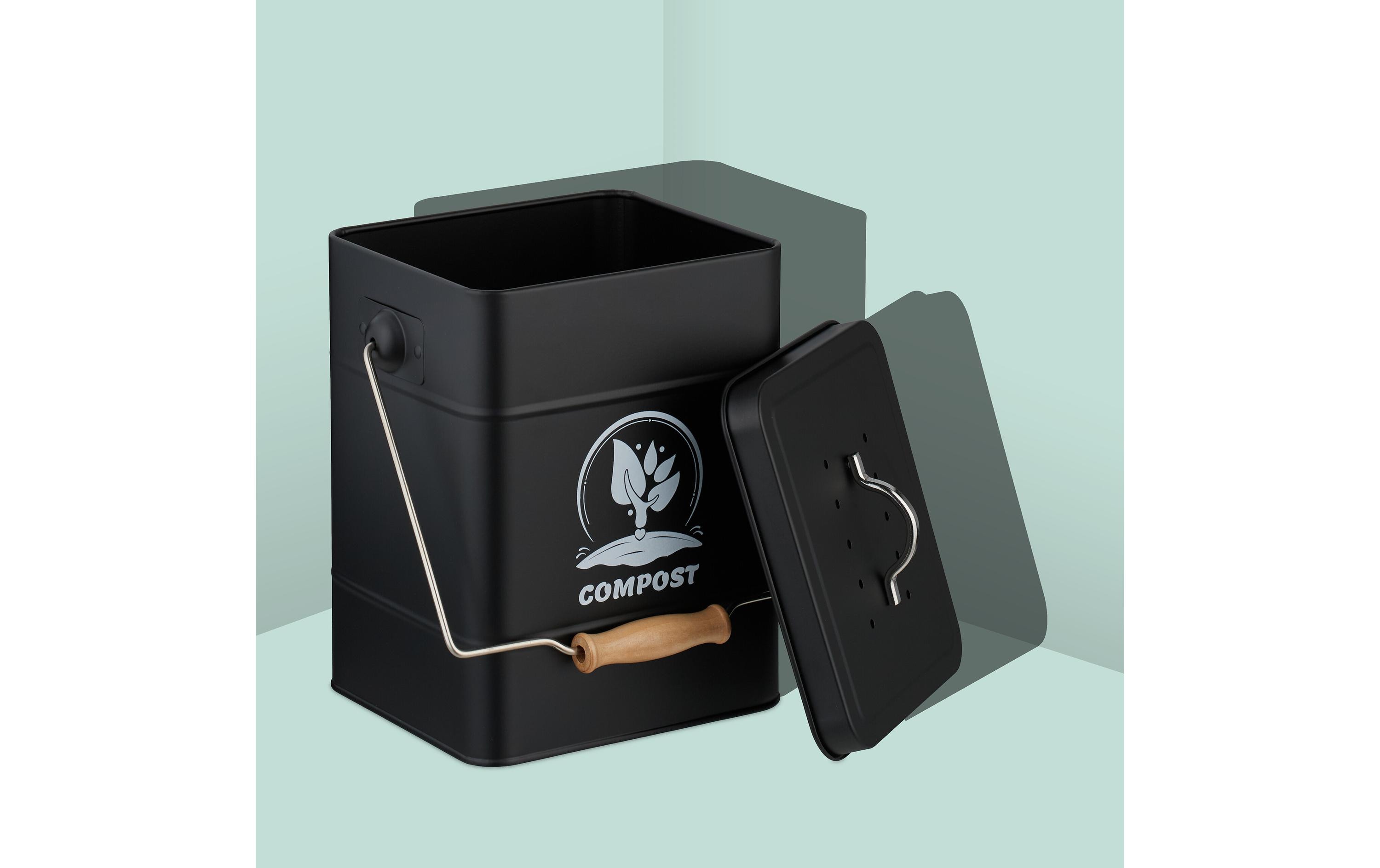 relaxdays Komposteimer mit Geruchsfilter, 6 l, Schwarz/Silber