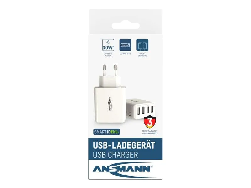 Ansmann USB-Wandladegerät Home Charger HC430, 4x USB, 30 W, Weiss Ansmann USB-Wandladegerät Home Charger HC430, 4x USB, 30 W, Weiss