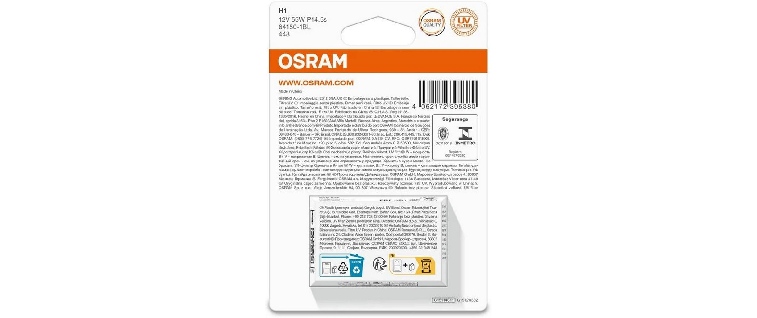 OSRAM H1 Original Glühlampe Einzelblister 12 V 55W P14.5s