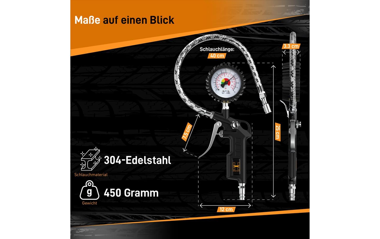 Hardtwerk Druckluft-Reifenfüllmesser Messbereich: 012 bar