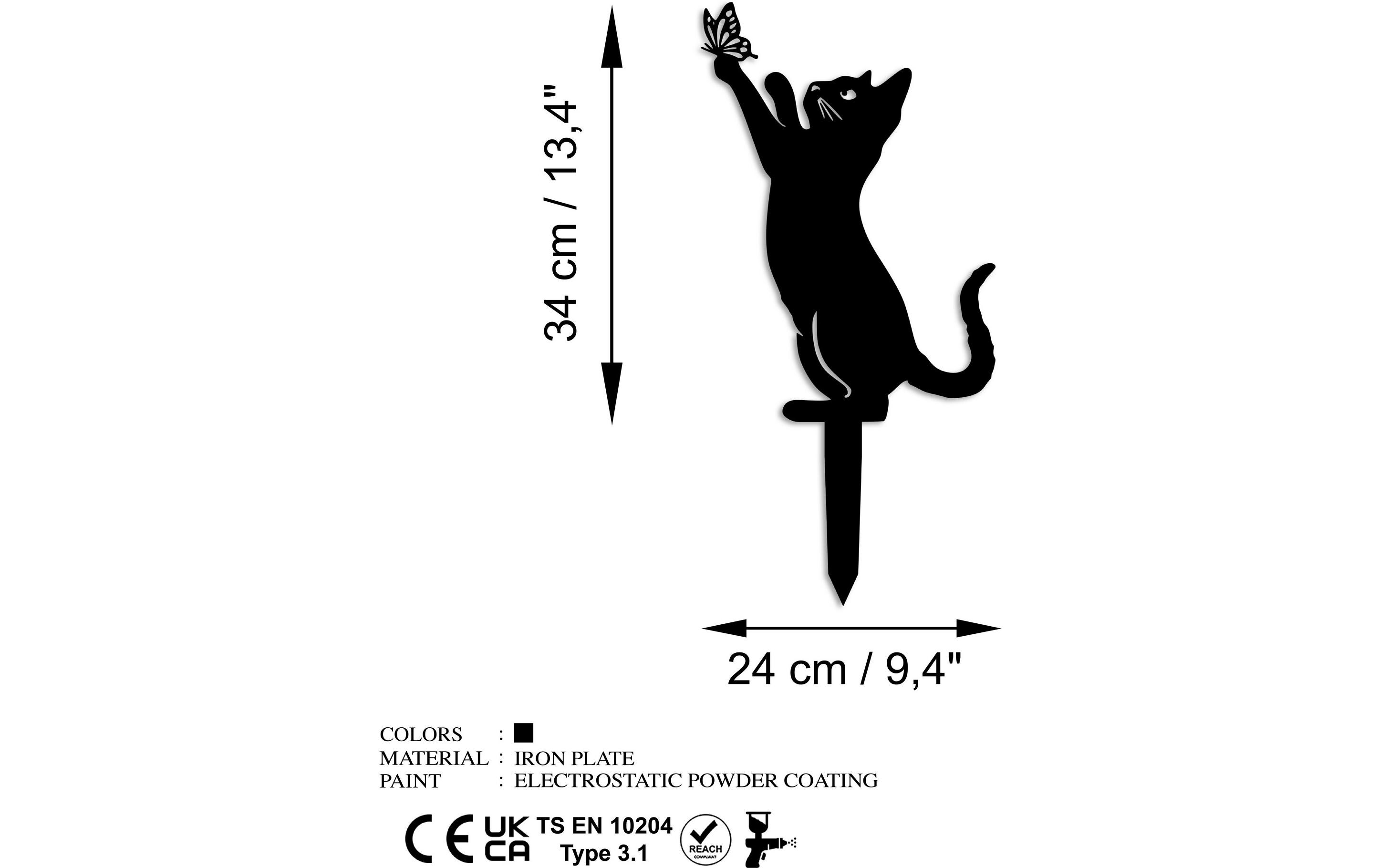 Wallxpert Gartenstecker Katze mit Schmeterling 49 x 24 cm