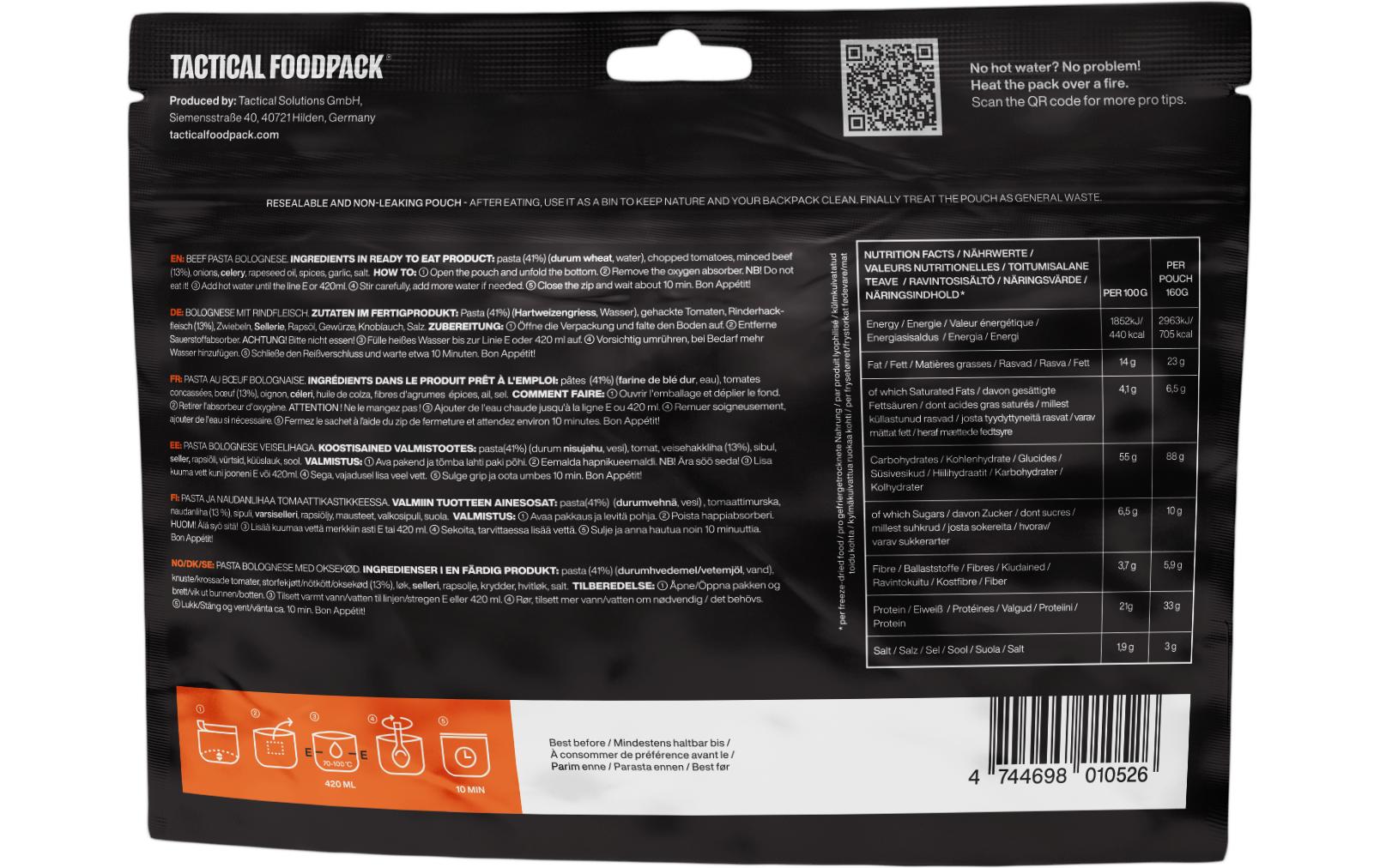 Tactical Foodpack Hauptgericht Rindfleisch-Pasta Bolognese Tactical Foodpack Hauptgericht Rindfleisch-Pasta Bolognese