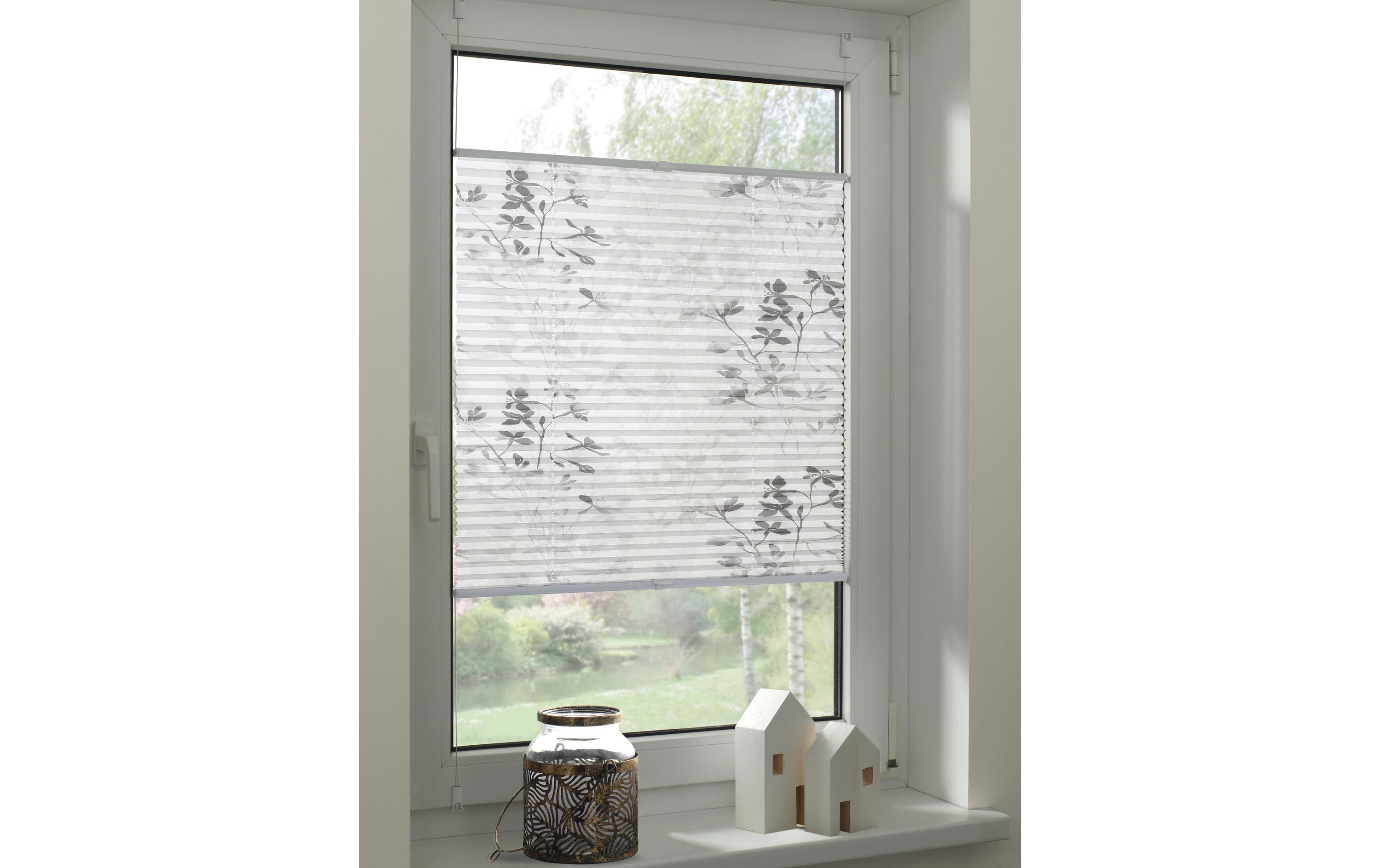 Gardinia Plissée Bella mit Blättern 40 x 130 cm, Weiss/Grau