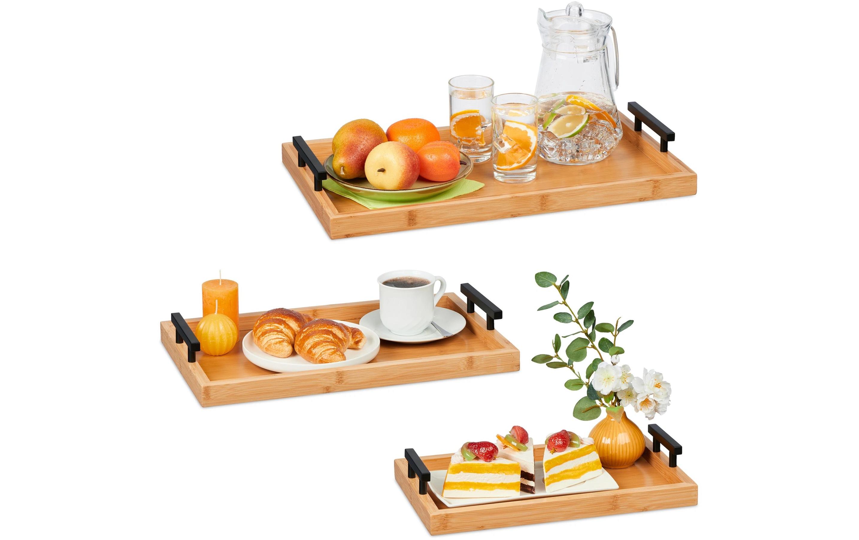 relaxdays Serviertablett 3 Stück, Natur/Schwarz