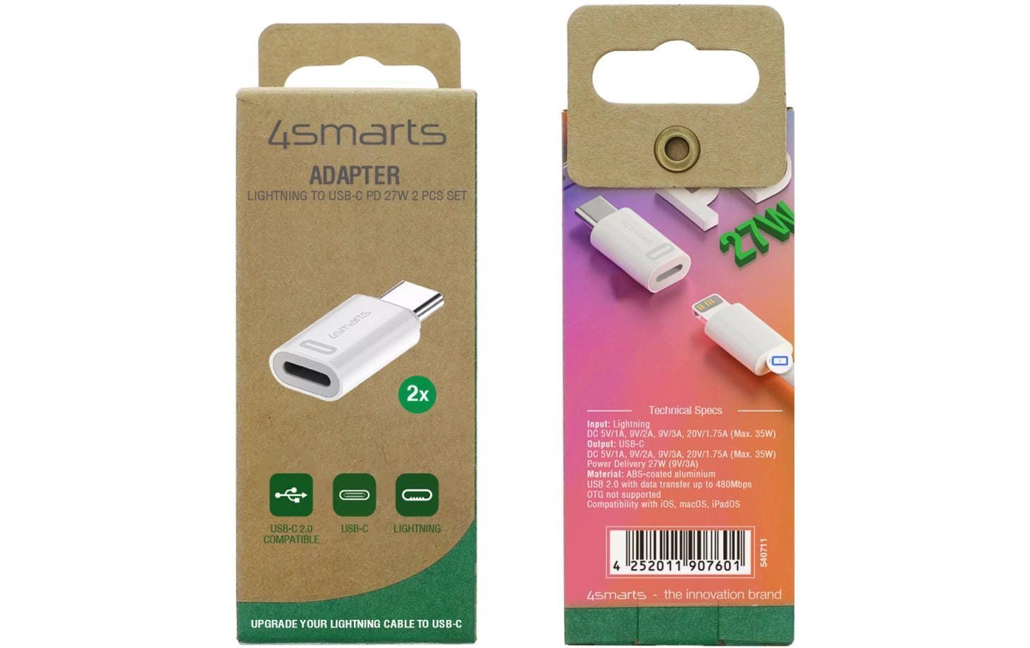 4smarts Adapter Lightning auf USB-C PD 27W 2er Set