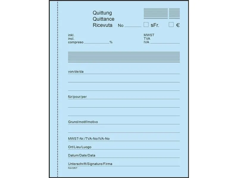 Favorit Durchschreibeblock 113 x 144 mm Quittungen, Blau/Weiss Favorit Durchschreibeblock 113 x 144 mm Quittungen, Blau/Weiss
