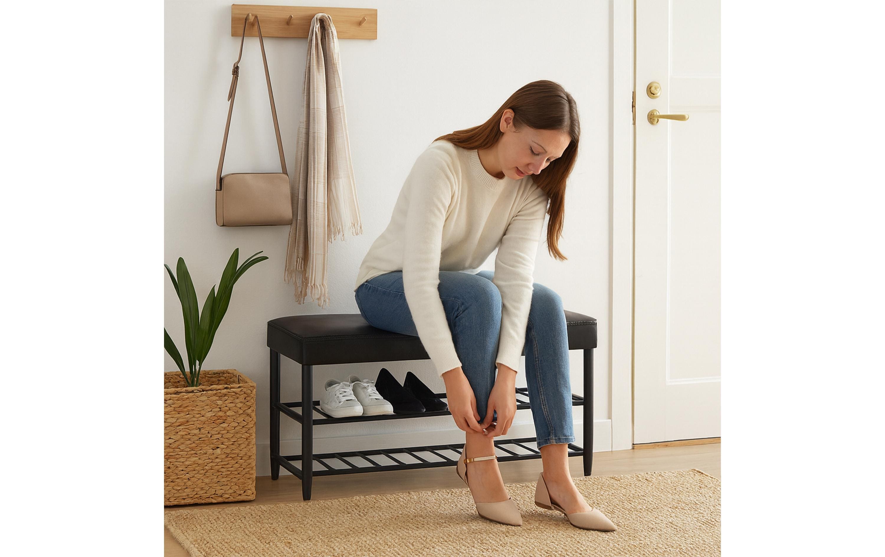 relaxdays Schuhbank mit zwei Ablagen 80 x 50 cm, Schwarz