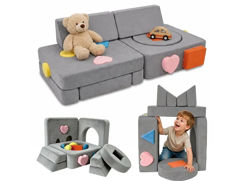 relaxdays Kindersessel Kinder Spielsofa Modular Grau, Orange, Blau