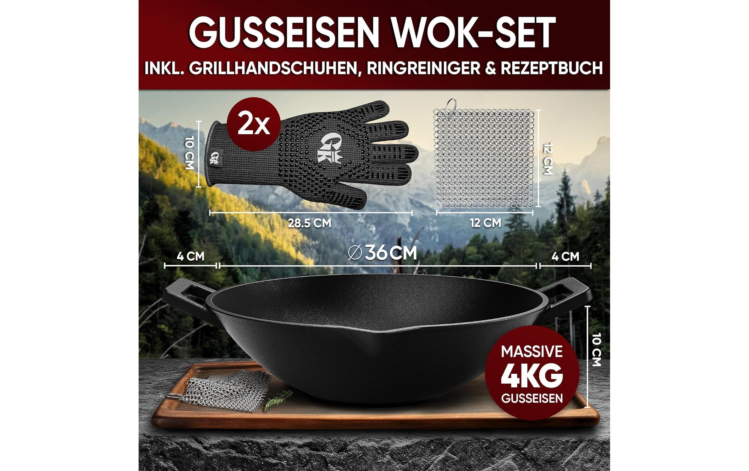 Gusskoenig Wok 35 cm mit Reiniger, Handschuhe