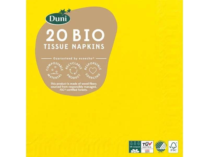 BioPak Papierservietten 24 cm x 24 cm, 20 Stück, Gelb