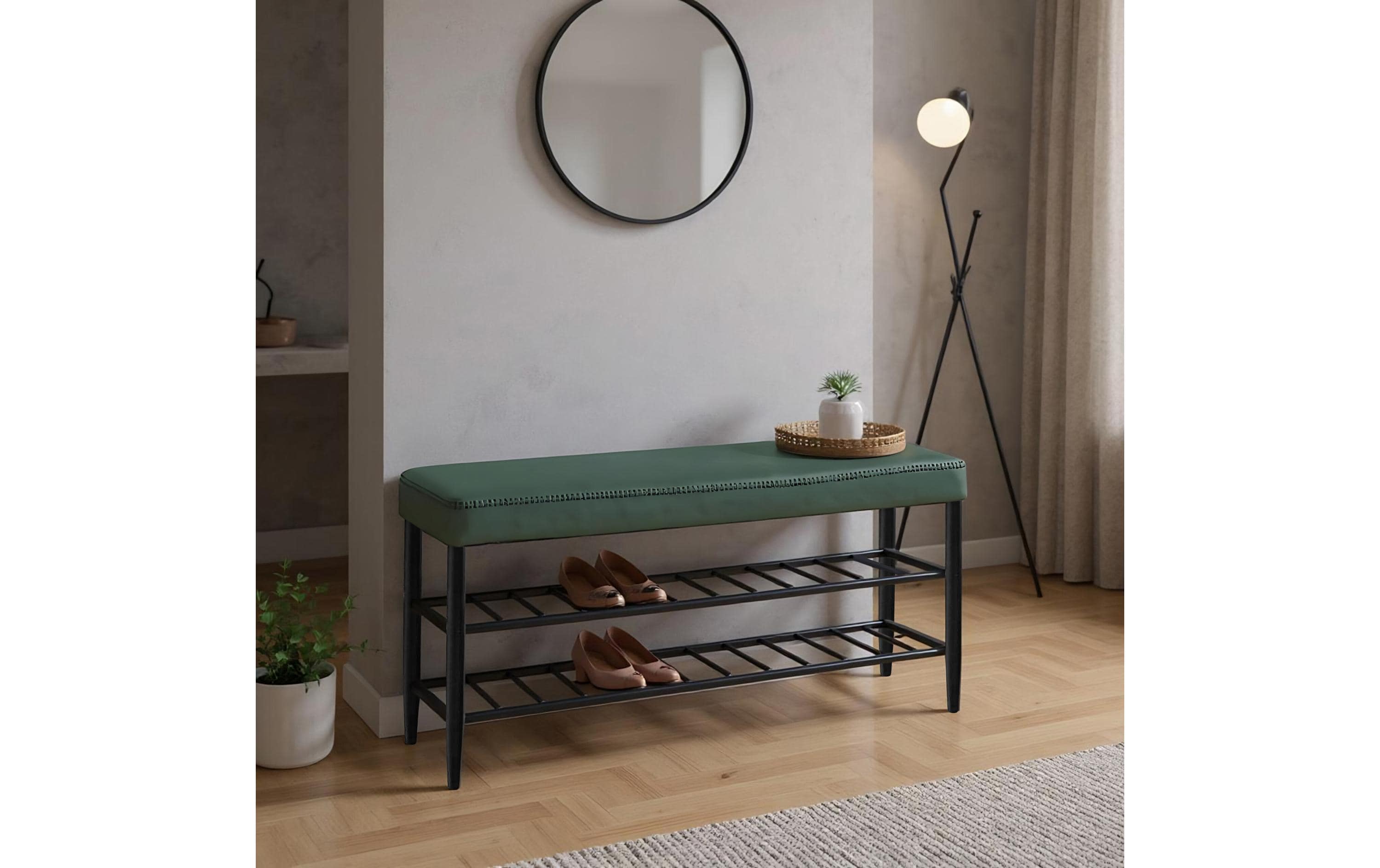 relaxdays Schuhbank mit zwei Ablagen 100 x 50 cm, Grün/Schwarz