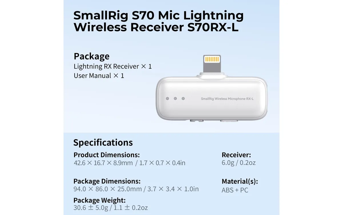 Smallrig S70RX-L Drahtloser Mikrofonempfänger Weiss Smallrig S70RX-L Drahtloser Mikrofonempfänger Weiss
