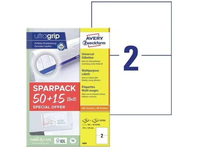 Avery Zweckform Universal-Etiketten 210 x 148 mm,130 Etiketten / 65 Bogen Avery Zweckform Universal-Etiketten 210 x 148 mm,130 Etiketten / 65 Bogen