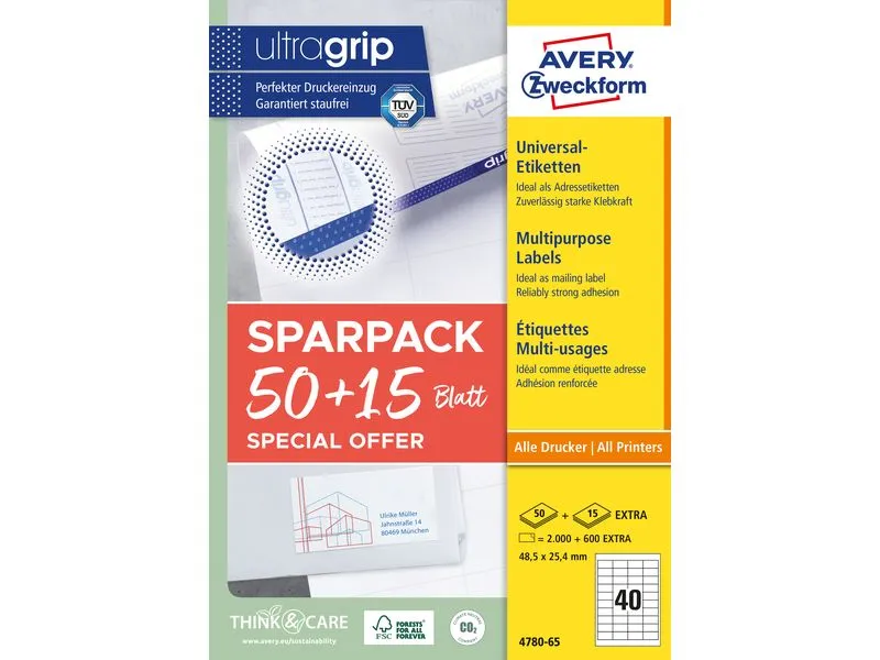 Avery Zweckform Universal-Etiketten 4780-65, 48.5 x 25.4 mm, 65 Blatt Avery Zweckform Universal-Etiketten 4780-65, 48.5 x 25.4 mm, 65 Blatt