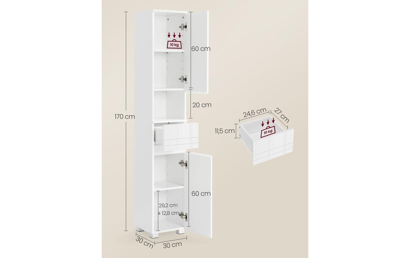 VASAGLE Badezimmerregal 30 x 170 cm, Weiss