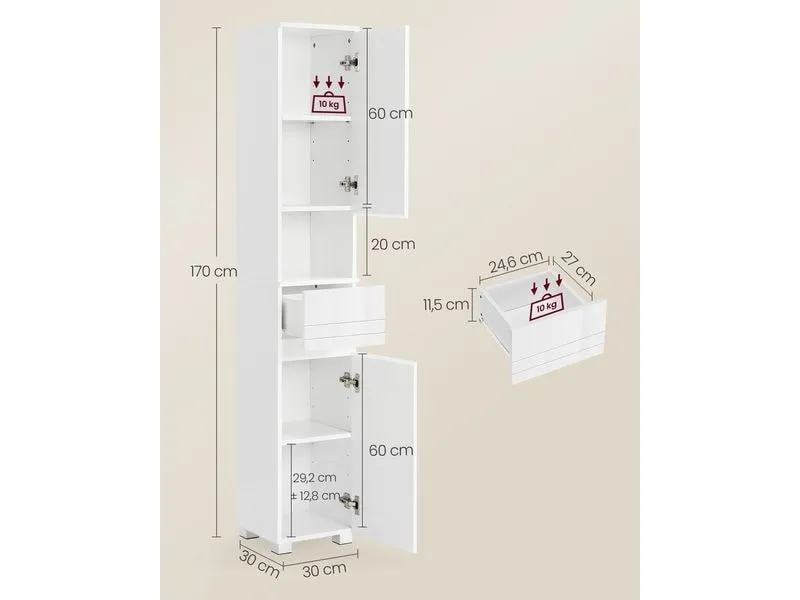 VASAGLE Badezimmerregal Badezimmerschrank 30 x 170 cm, Weiss VASAGLE Badezimmerregal Badezimmerschrank 30 x 170 cm, Weiss