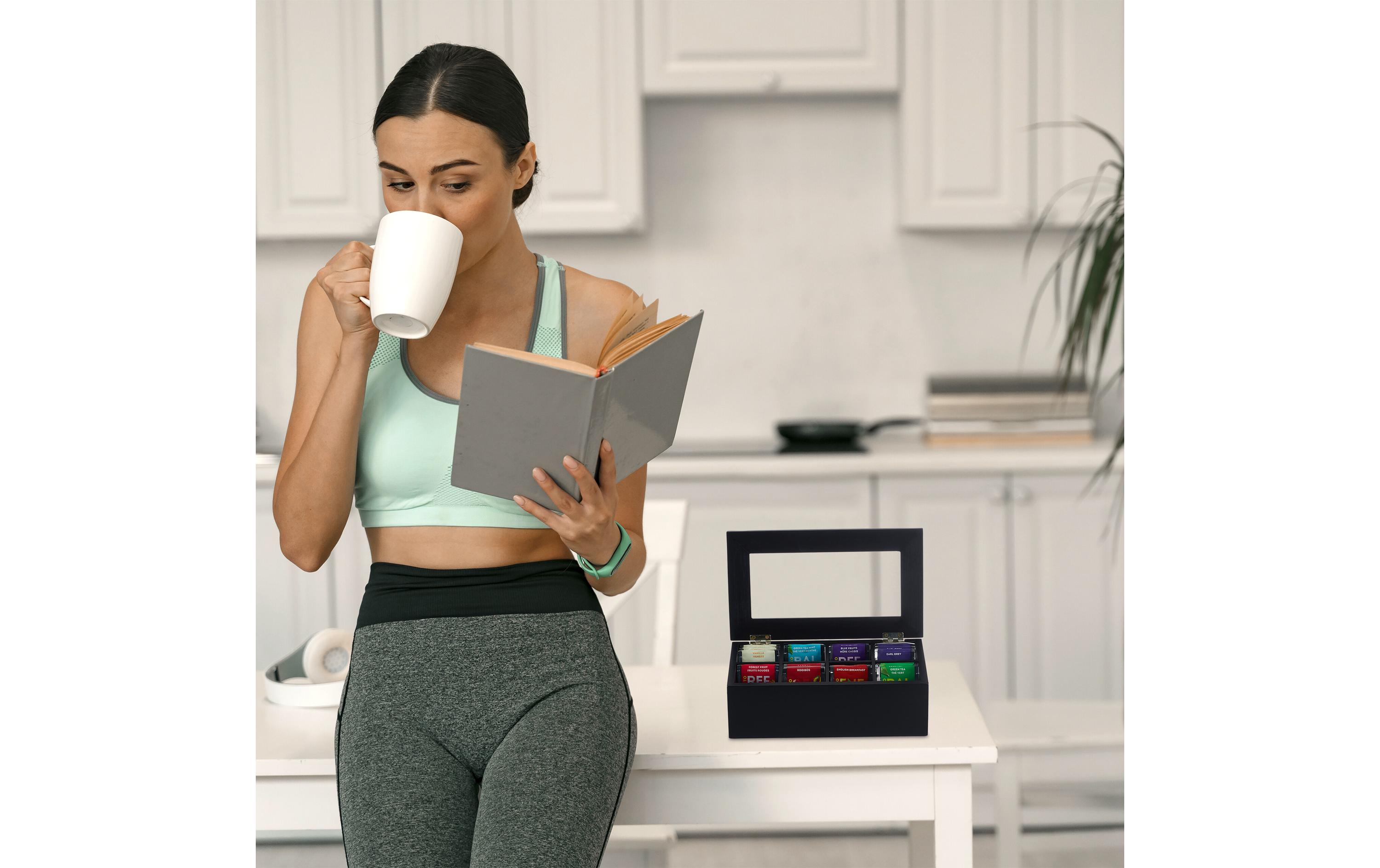 relaxdays Teebeutel-Box 8 Fächer, Schwarz/Transparent