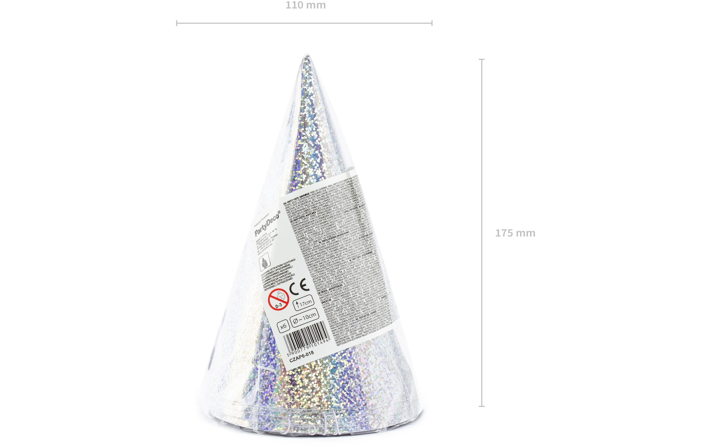 Partydeco Partyhüte holografisch Silber, 16 x 10 cm, 6 Stück