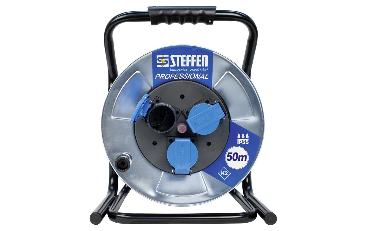 STEFFEN Kabelrolle Professional 50 m 3x T13, IP55, Silber STEFFEN Kabelrolle Professional 50 m 3x T13, IP55, Silber