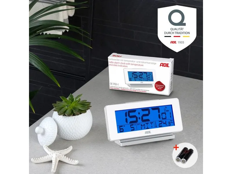 ADE Funkwecker mit Temperatur und Datumsanzeige, Weiss