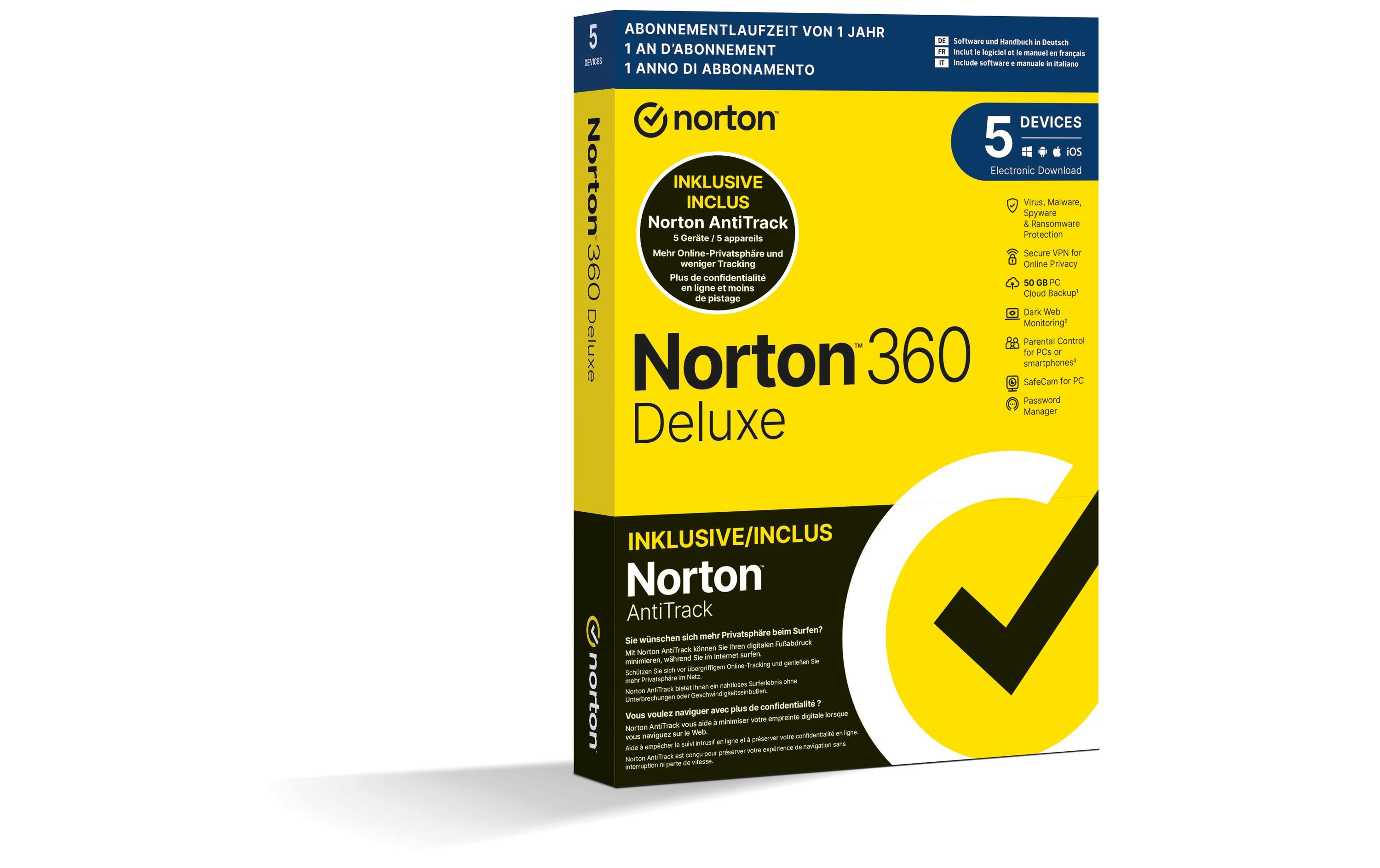 Norton 360 Deluxe + AntiTrack Bundle Box, 5 Dev., 1yr, 50GB Cloud Norton 360 Deluxe + AntiTrack Bundle Box, 5 Dev., 1yr, 50GB Cloud