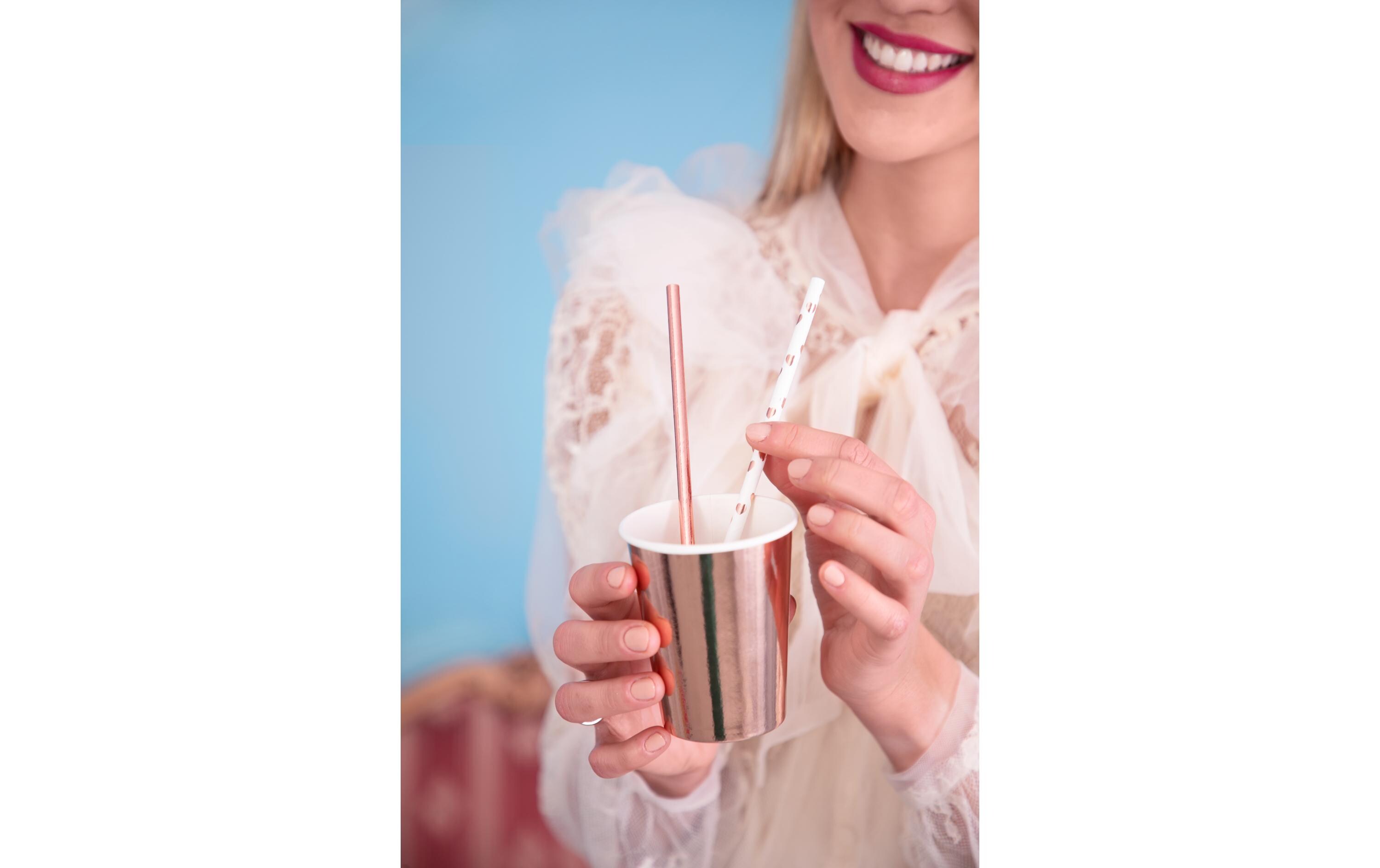 Partydeco Strohhalm Herzen 10 Stück, Rosegold/Weiss