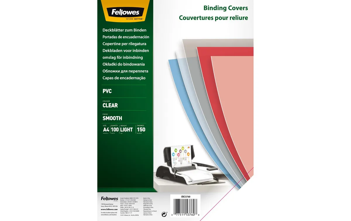 Fellowes Einbanddeckel A4, 150 µm, 100 Stück, Glatt, Transparent Fellowes Einbanddeckel A4, 150 µm, 100 Stück, Glatt, Transparent