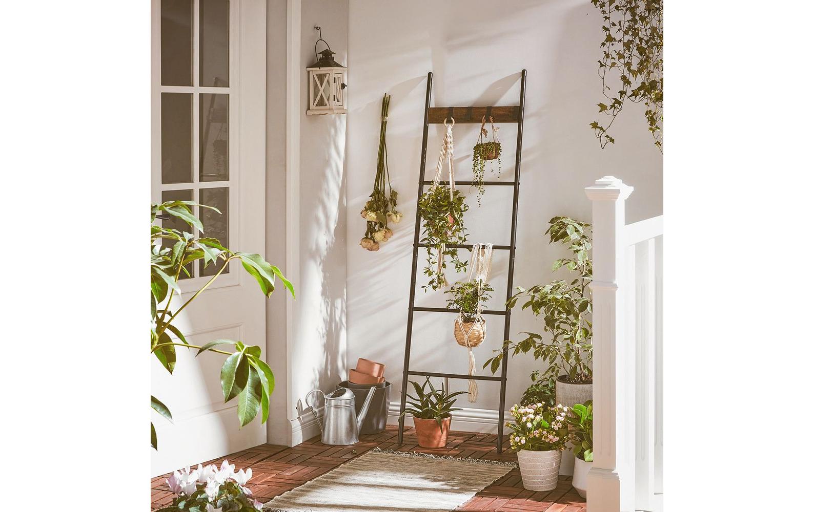 VASAGLE Leiter-Regal mit 4 Sprossen und 4 Haken Schwarz