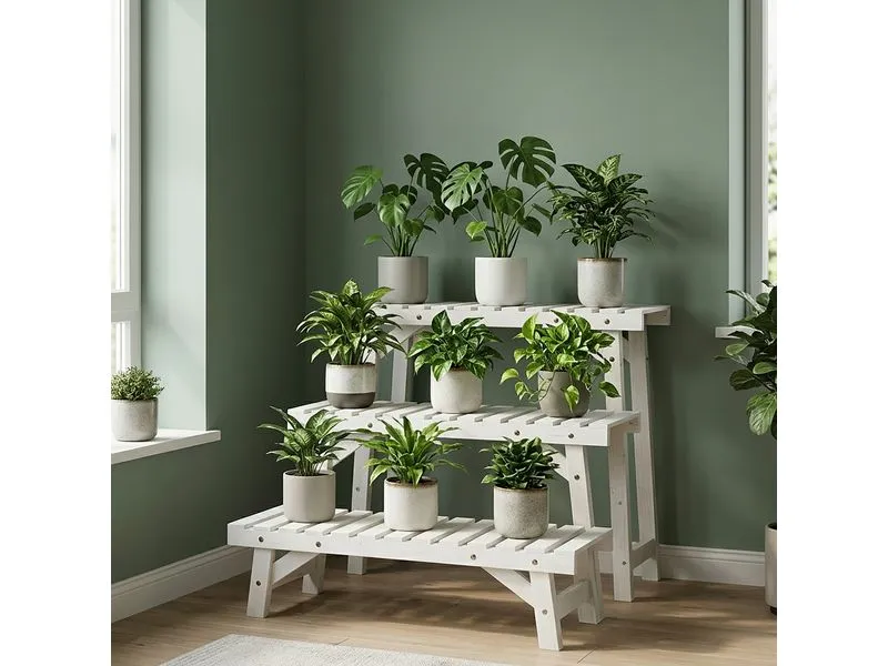 relaxdays Blumentreppe Tannenholz, Weiss, 3er Set