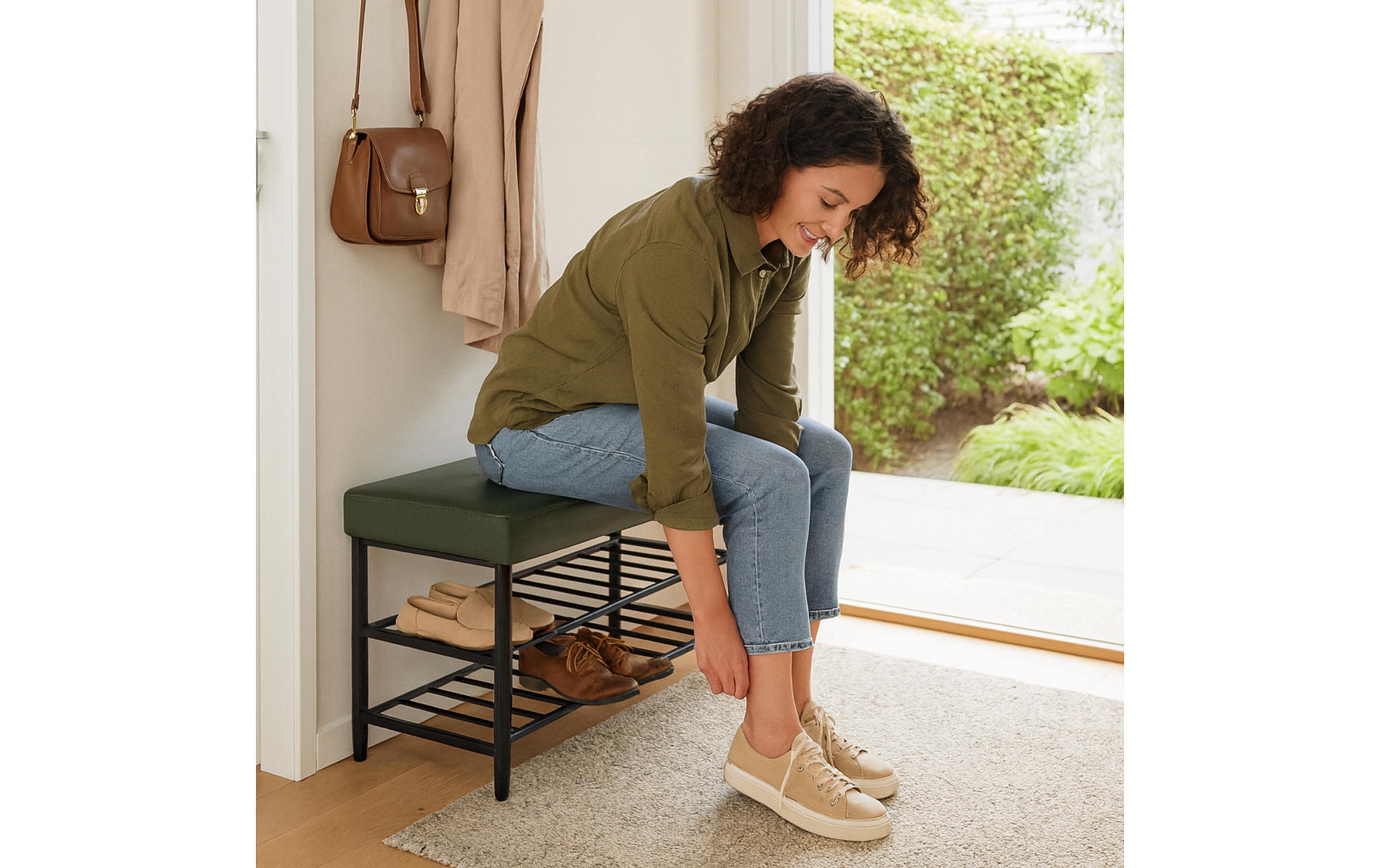 relaxdays Schuhbank mit zwei Ablagen 100 x 50 cm, Grün/Schwarz