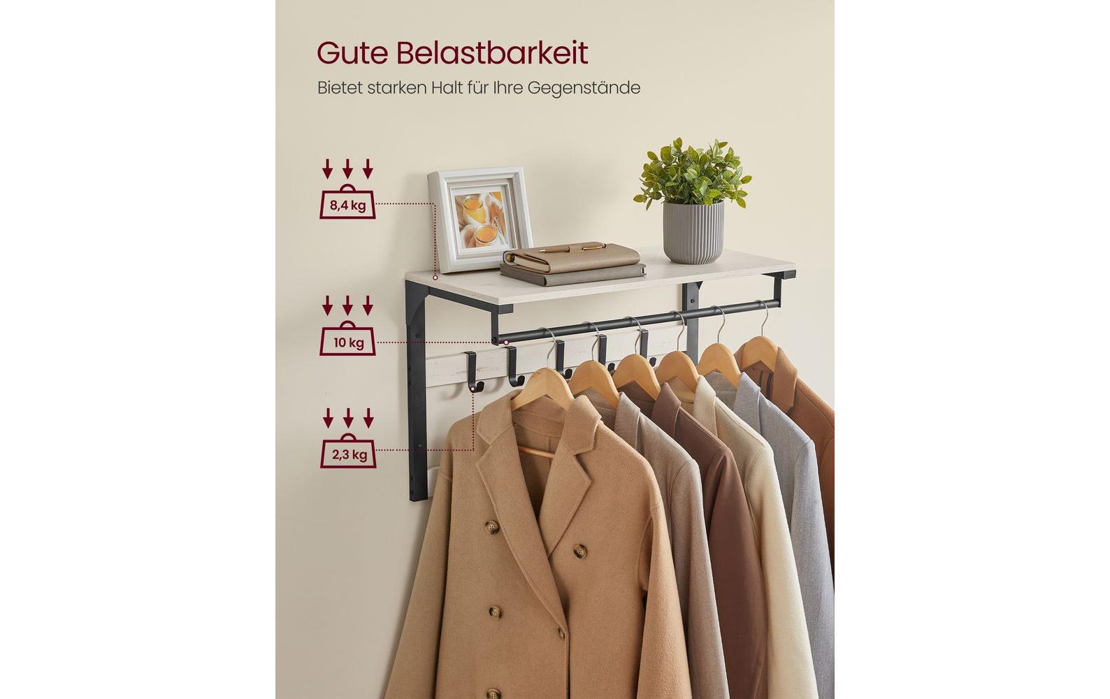 VASAGLE Wandgarderobe 10 Haken 65 cm x 42 cm, Schwarz/Weiss