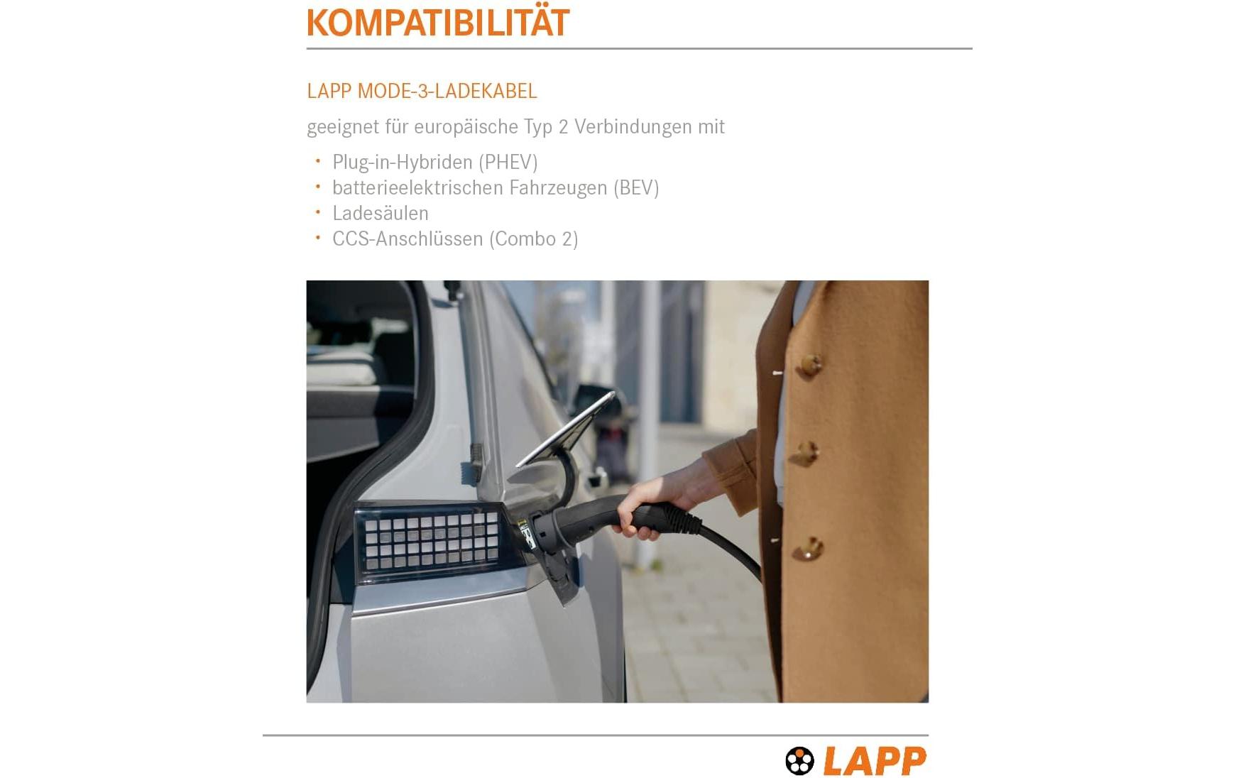 Lapp Ladekabel für Elektroauto Typ 2, 7.4kW, 32A, 5 m, Schwarz