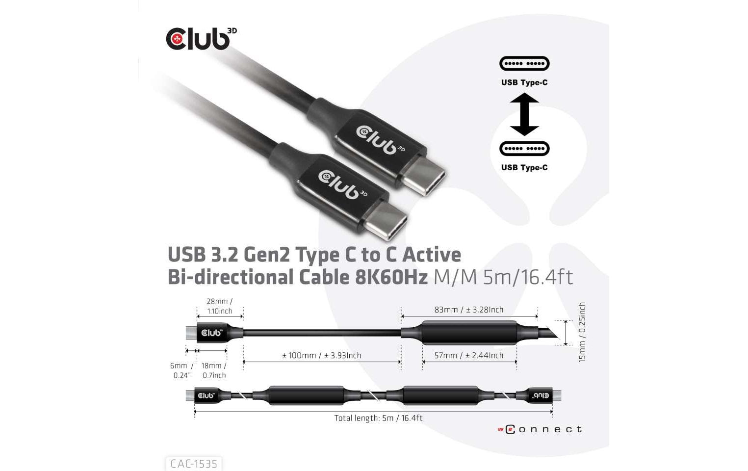 Club 3D Kabel USB Type-C - USB Type-C, 5 m, 8K60Hz