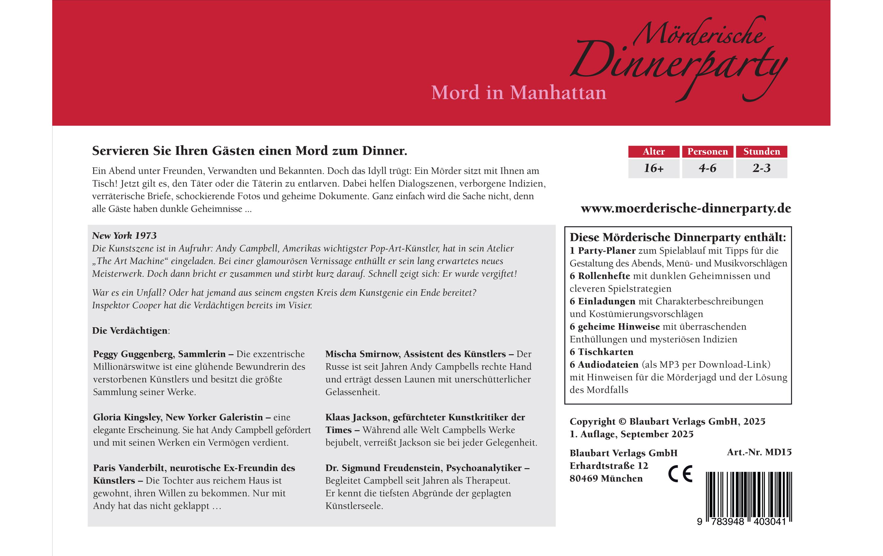 Blaubart Verlag Partyspiel Mörderische Dinnerparty – Mord in Manhattan