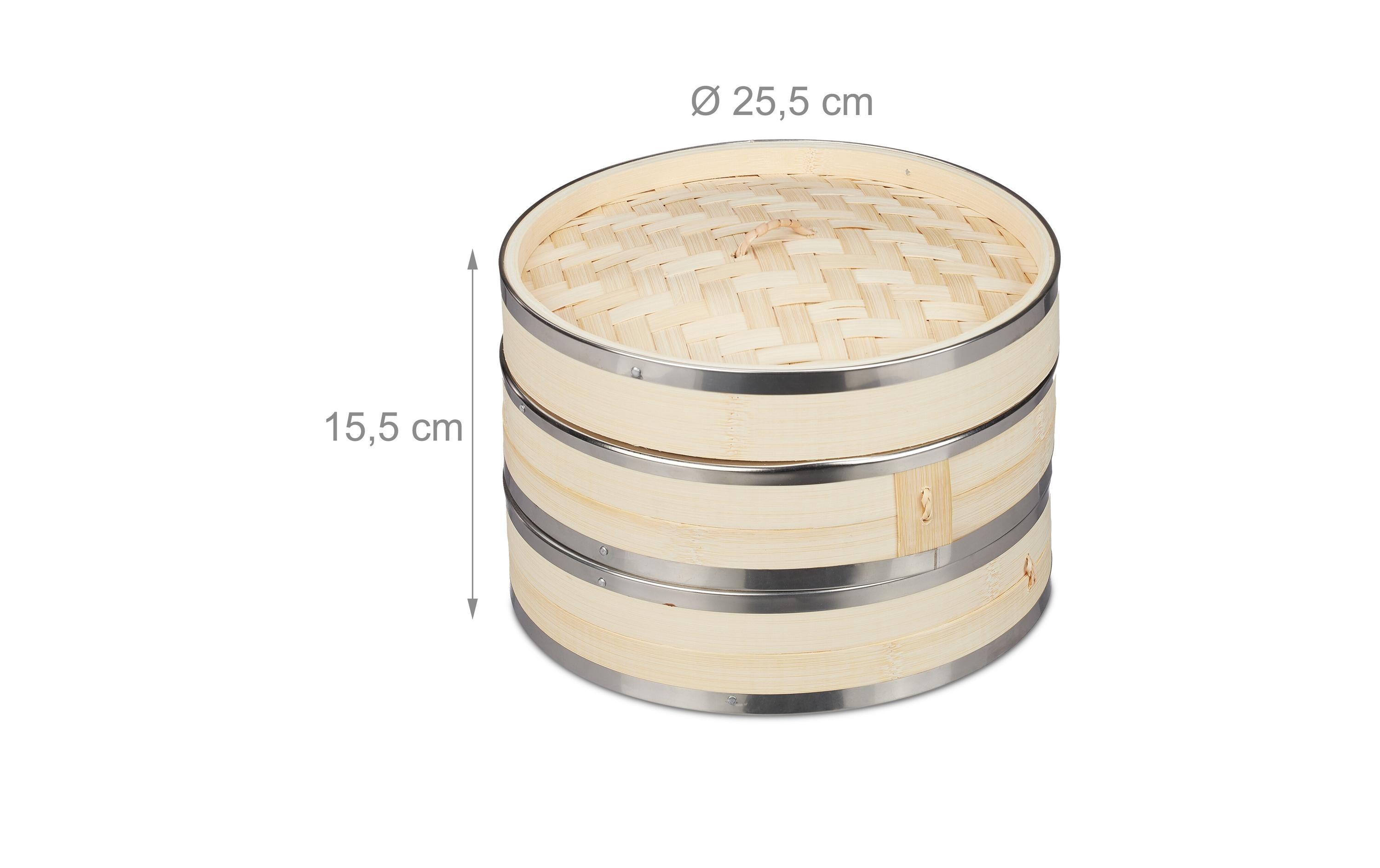 relaxdays Dampfgarer Bambus, 2 Etagen, mit Edelstahlringen