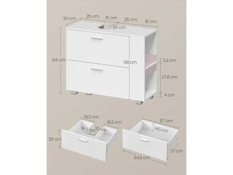 VASAGLE Waschbeckenunterschrank mit Fächern 80 x 64 cm, Weiss