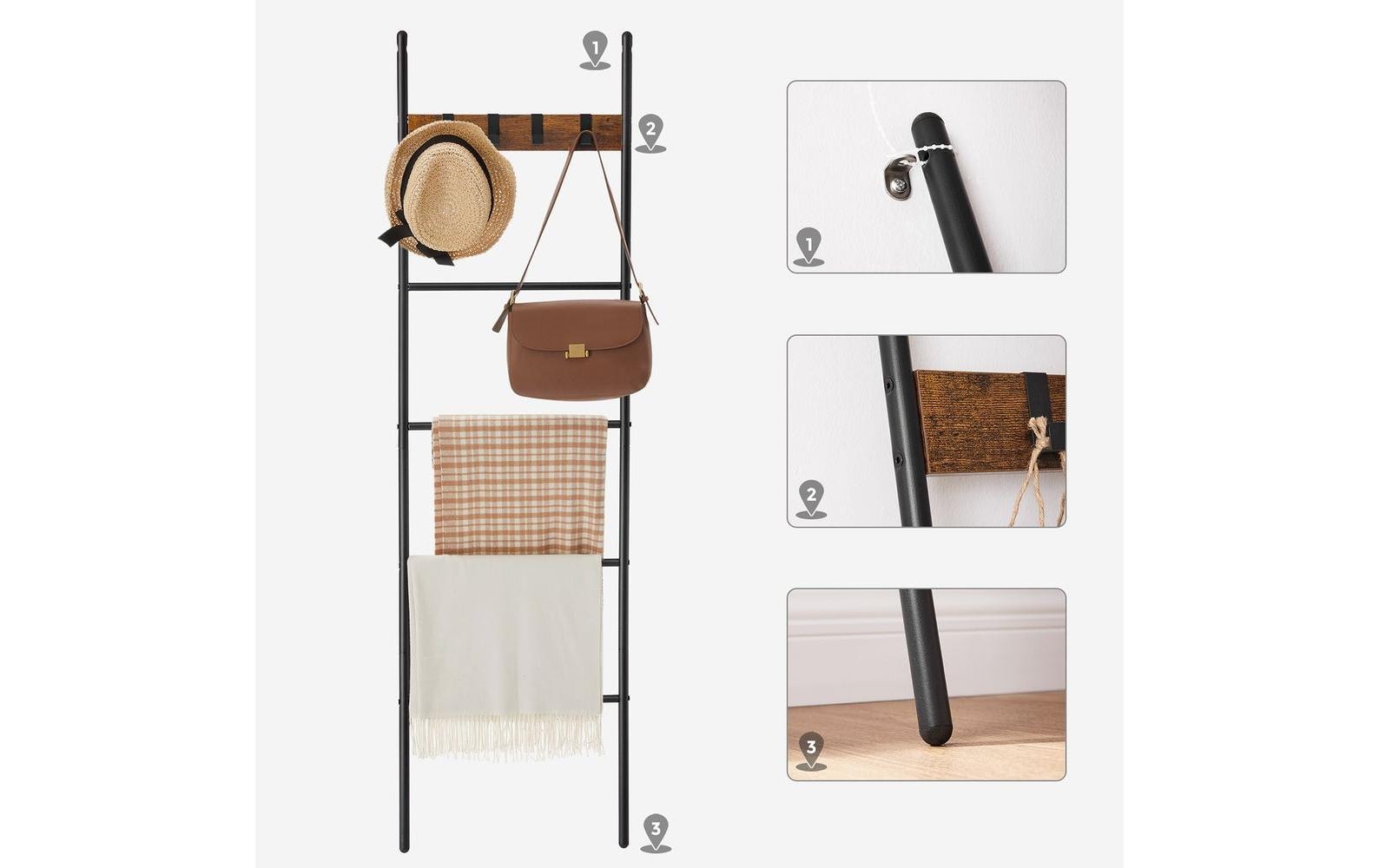 VASAGLE Leiter-Regal mit 4 Sprossen und 4 Haken Schwarz