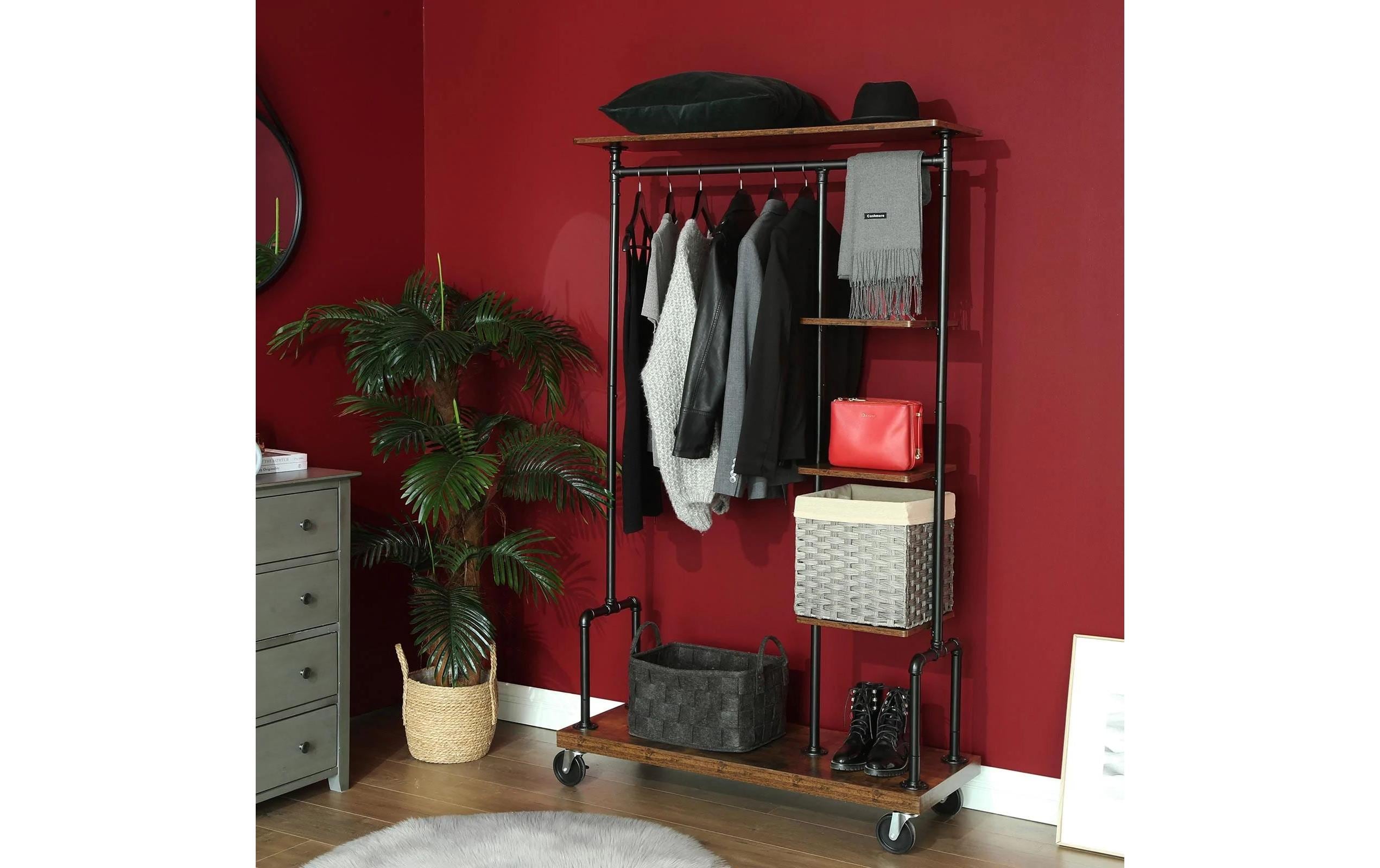 VASAGLE Garderobenständer auf Rollen 174.5 cm, Braun/Schwarz