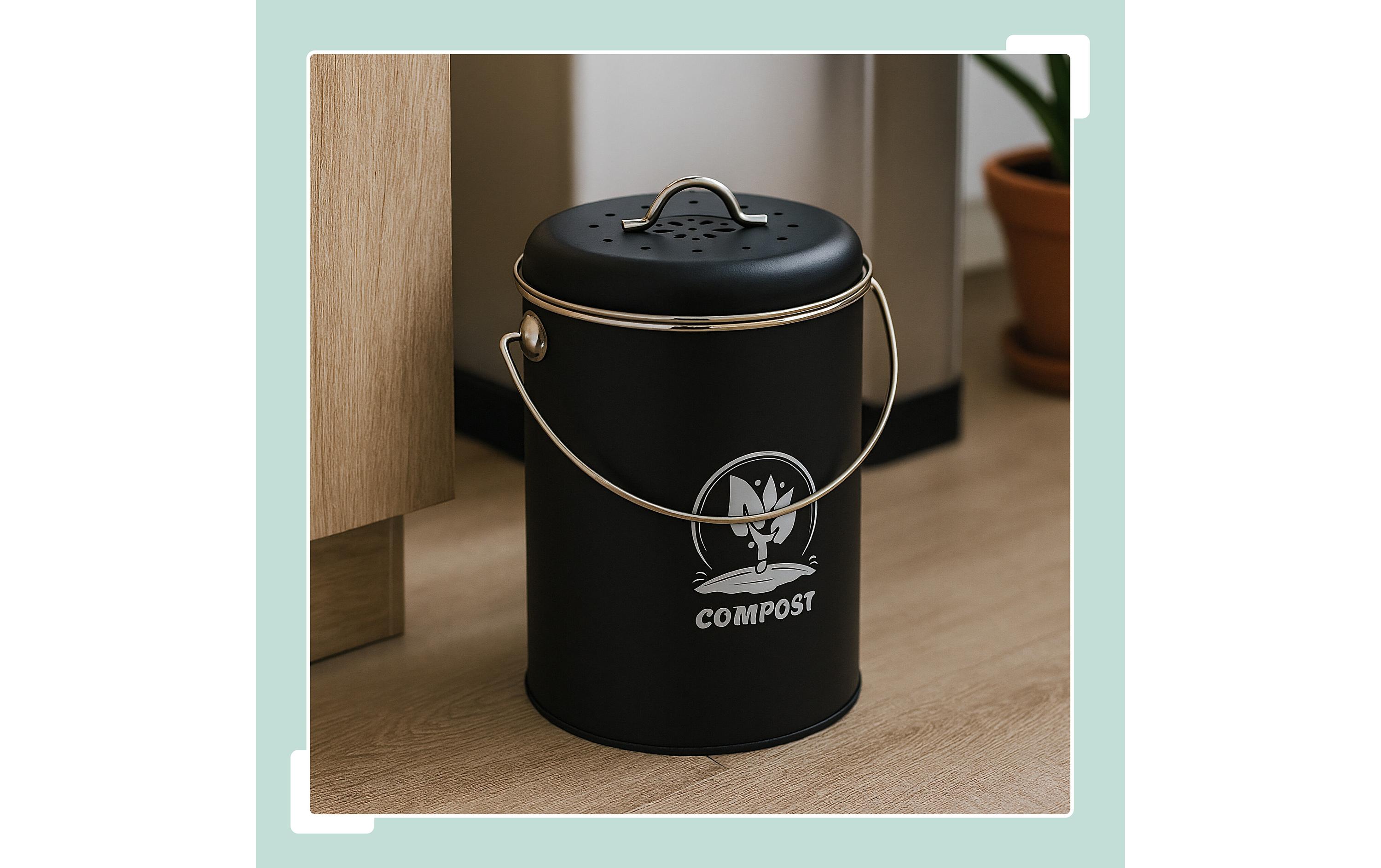 relaxdays Komposteimer mit Geruchsfilter 5.5 l, Schwarz/Silber