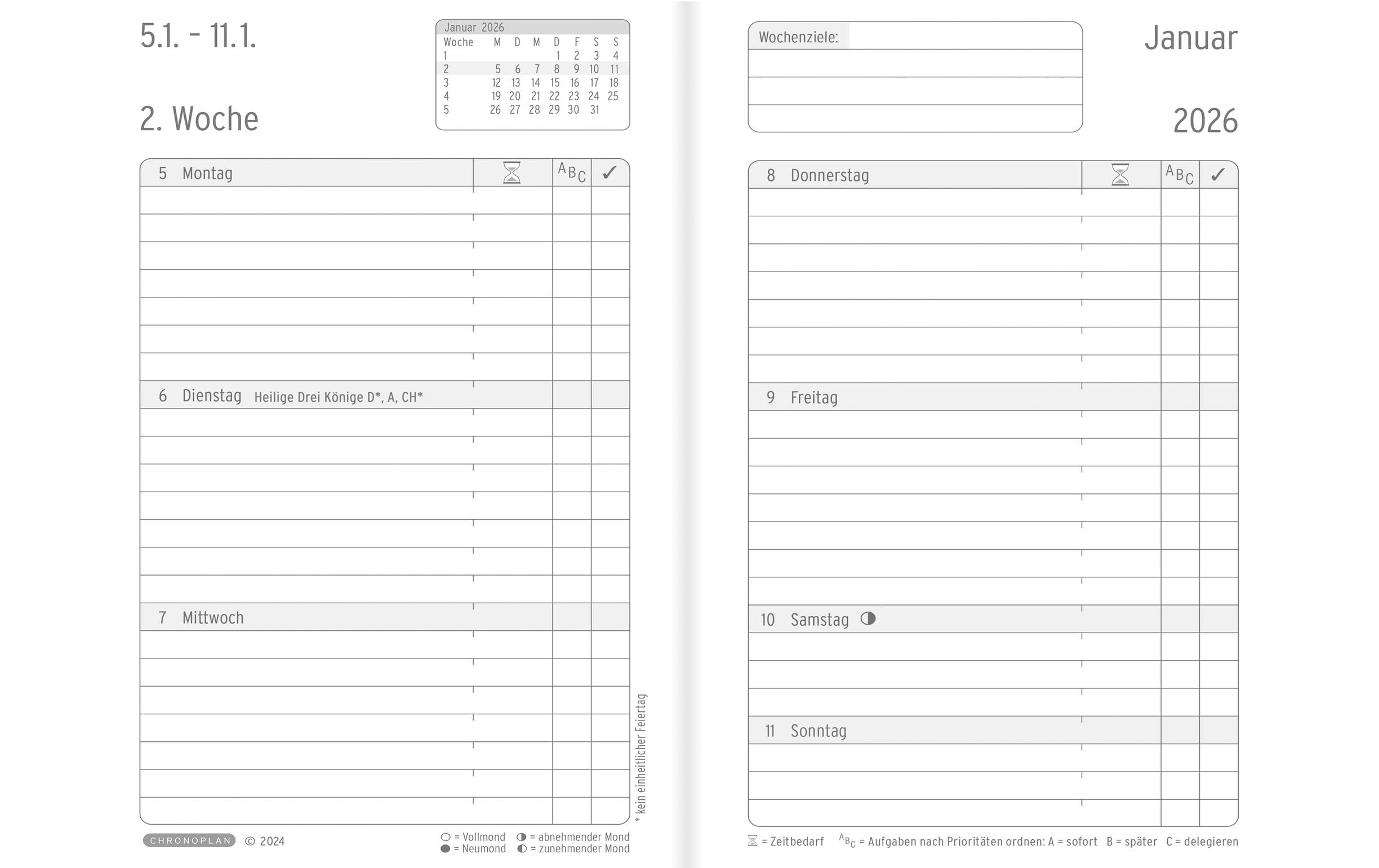Simplex Tagesplaner Ohne Motiv, 2026, Schwarz/Weiss