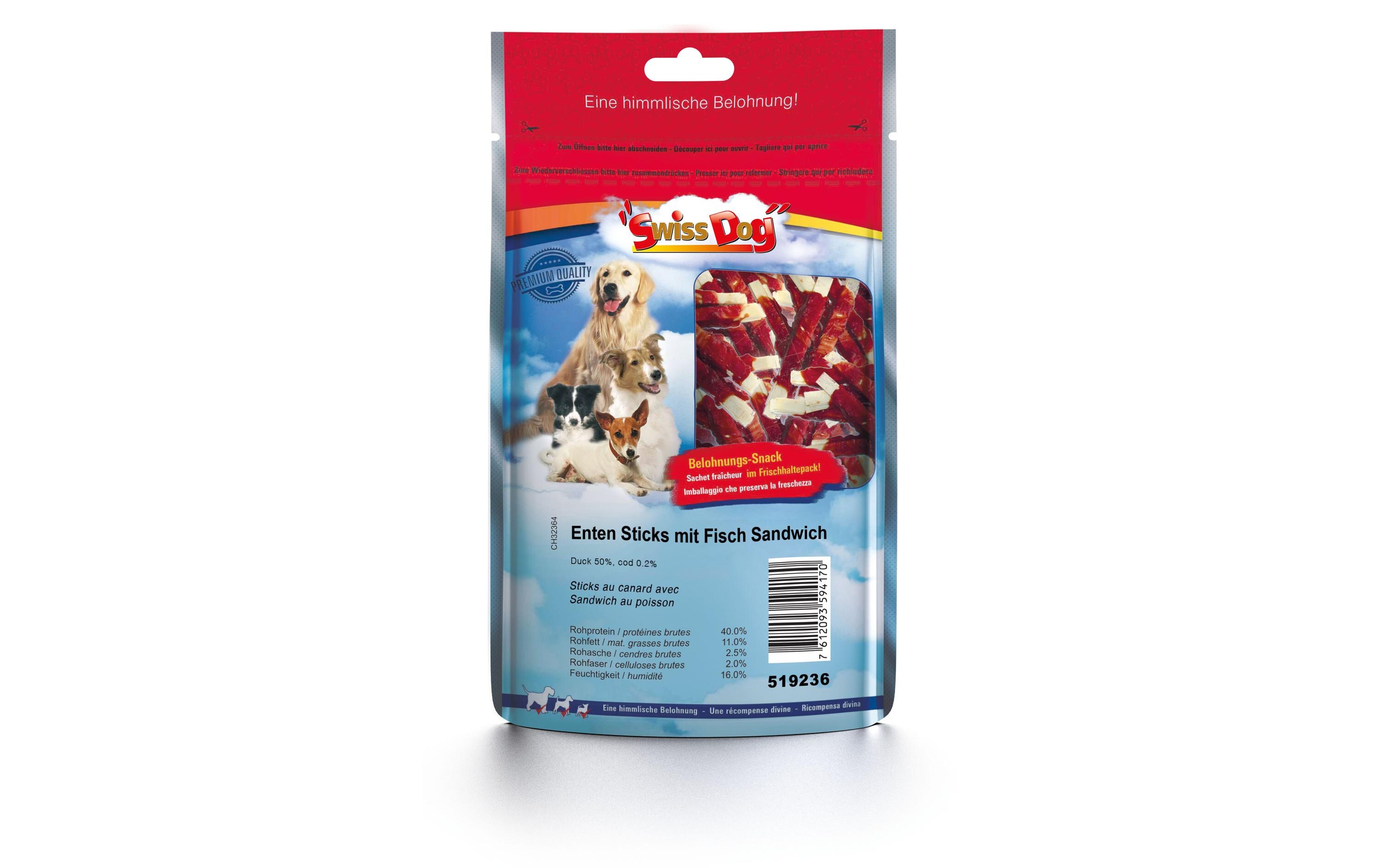 SwissDog Kausnack Enten Stick mit Fisch Sandwich 100 g