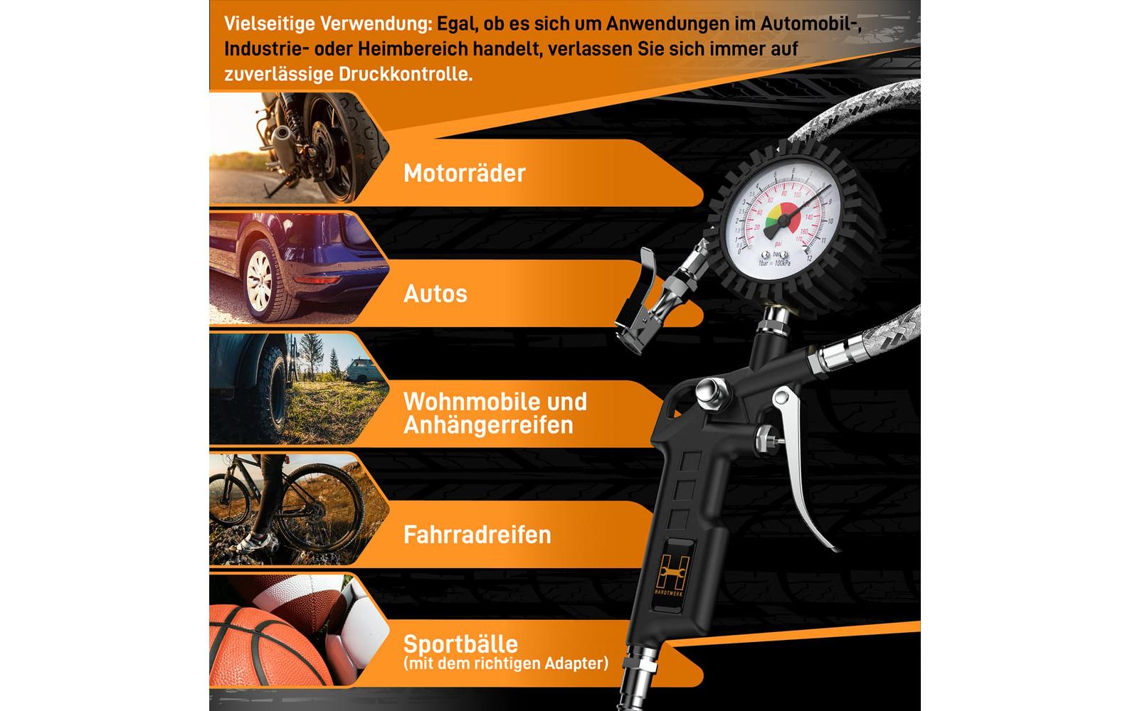 Hardtwerk Druckluft-Reifenfüllmesser Messbereich: 012 bar