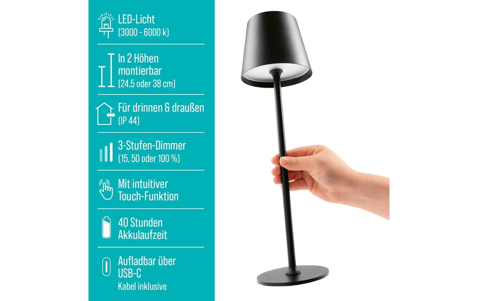 EASYmaxx Tischleuchte mit USB-Anschluss Schwarz