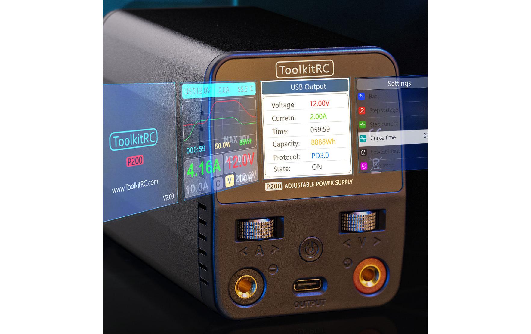 ToolkitRC RC Netzteil P200 V2 100 W 1-30 V DC, USB-C PD 65 W